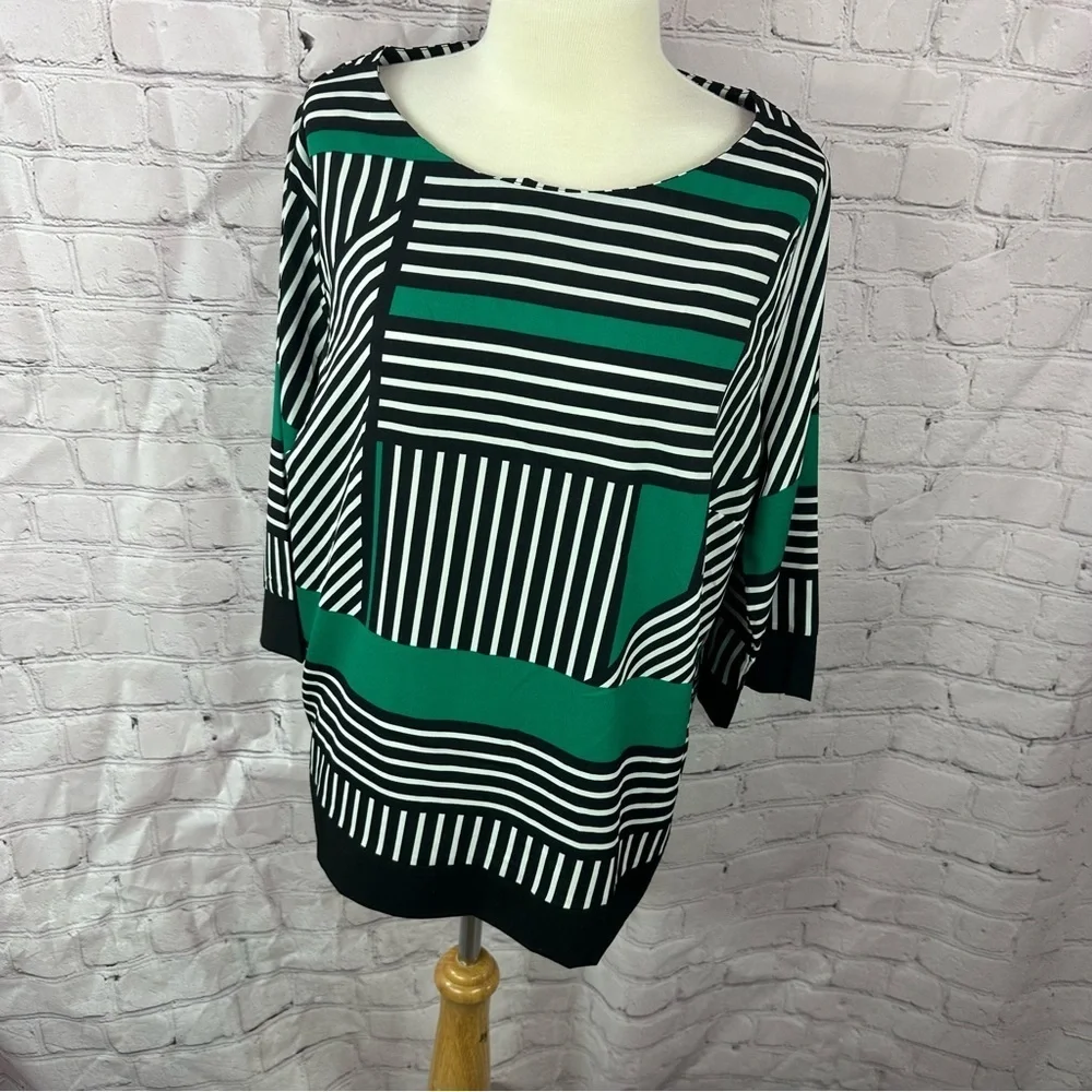creation Striped Green Black tunic Top dolman sleeve sz 14 abstract asymetrical
